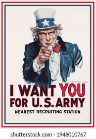 Digitally restored United States of America Uncle Sam mascot classic war army recruiting poster and messaging military, American, heritage history