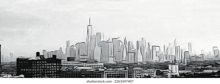 Digitized image of a panoramic view of Manhattan in black and white colors. 3d rendering 