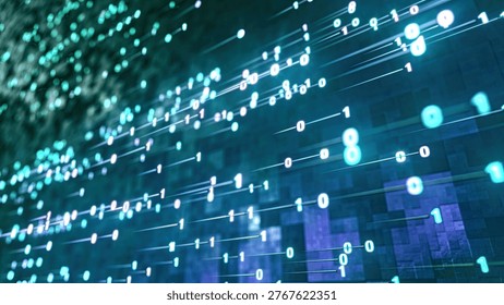 Digits 1 and 0 rush in a binary stream along a dark circuit board grid, glowing teal and white. Light trails connect the numbers, suggesting data transmission. Deep blue and purple tones fill the layered background with bokeh particles adding depth.
