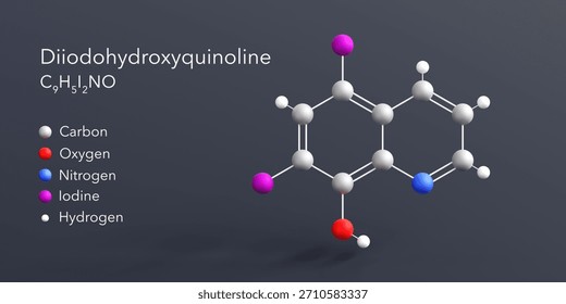 diiodohydroxyquinoline molecule 3d rendering, flat molecular structure with chemical formula and atoms color coding