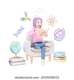 Diligent 3D Student Reading Science Book: Educational Cartoon Illustration
