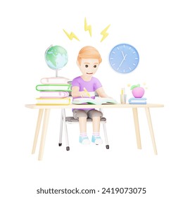 Diligent Student Completing Incomplete Assignments - 3D Cartoon Illustration of Academic Dedication