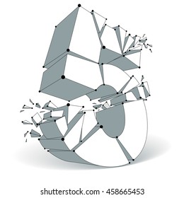 Dimensional Wireframe Number 5, Monochrome Demolished Digit With Fragments. 3d Mesh Technology Element Broken Into Pieces.