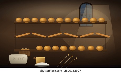 A dimly lit bakery interior features wooden shelves stacked with golden bread loaves and baguettes, illuminated by a soft beam of moonlight streaming through an arched window.