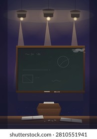 Dimly lit classroom scene featuring a dark green chalkboard illuminated by three overhead pendant lamps casting warm conical beams of light, with faint mathematical diagrams and equations drawn across its surface, a wooden teacher's podium below, and scattered papers and chalk on the floor.
