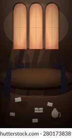 A dimly lit interior scene featuring three tall arched windows glowing with warm orange light that casts long shadows across a circular wooden table surrounded by dark silhouettes of chairs, with scattered papers and a white mug resting on a foreground surface.