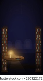 A dimly lit library scene with two tall bookshelves flanking a small round table where a single candle illuminates an open book and reading glasses, casting a warm glow against a deep blue night background with faint constellation lines.