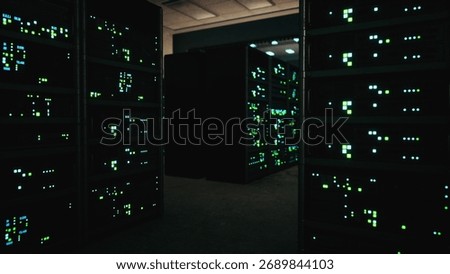 In a dimly lit server room, rows of black cabinets are filled with glowing green lights. The scene evokes a sense of advanced technology and digital connectivity, hinting at activity within.