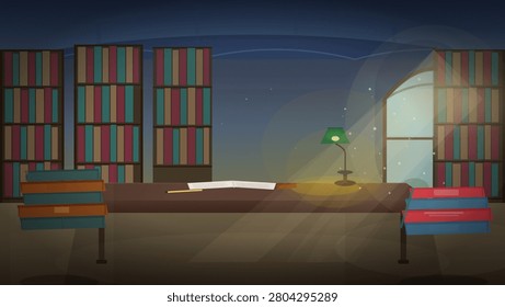 A dimly lit study room at night with towering bookshelves and a desk illuminated by a single lamp casting a warm glow through a window revealing a starry sky.