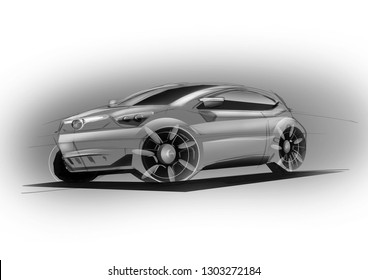 Dinamics Sketch Of Car Its Grey Ilustration In Perspective. Car Is Suitable For Bigger Familie. Vehicle Is Designed With Lights Lines And Throught Dinamic Enters To The Space.