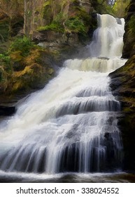 Dingmans Falls in Springtime - turned into a colorful painting. Dingmans Falls is located in Dingmans Ferry - a part of the beautiful Poconos area of Pennsylvania.