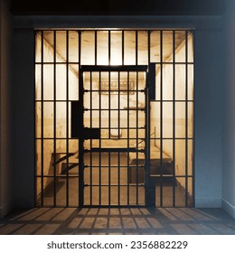 A dingy prison cell with a worn-out bed, small table, chair, and sink against the wall. The oppressive atmosphere is palpable. Yellow light cast harsh shadows on the rough stone walls and floor