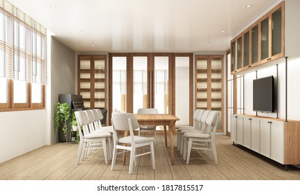 Dining area in modern contemporary style interior design with wooden window frame and sheer with grey furniture tone 3d rendering - Shutterstock ID 1817815517