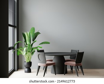 Dining area near the window. Large round table and 4 unusual chairs. Black gray and brown interior design colors. Cozy room layout. Mockup empty accent walls for art or lamp. 3d rendering