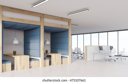 Dining Area In Office Next To Cubicles With Computers. Panoramic Windows. Concept Of Lunch Break. 3d Rendering