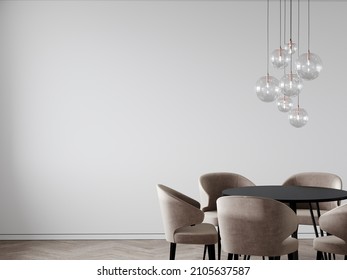 Dining area in soft colors. Beige and white with black details. Glass balls chandeliers. Minimalistic room with empty walls. Menu template or blank invitation. 3d rendering - Powered by Shutterstock