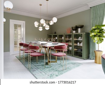 Dining area with dining table, turquoise chairs, white marble countertop, served table. Large dining room kitchen in mint colors. 3D rendering.