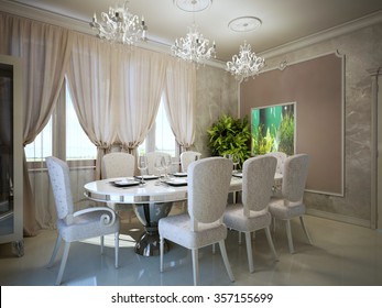 Dining in art deco trend. Molding on the walls in a modern interior. Served oval dining table for eight person. 3D render