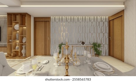 Dining Interior Design featuring Bespoke Wooden Furniture and Artistic Wall 3D Rendering