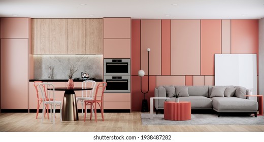 Dining And Living Room Inteiror With Counter Pantry Kitchen And Cabinet, Grey Fabric Sofa, Red Pastel And White Chairs, Round Dining Table. 3d Rendering Studio Mock Up Apartment Room.