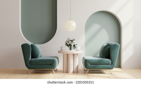 Dining Room In A Coffee Shop On Two Tone Wall Background.3d Rendering