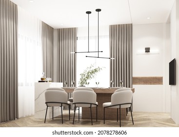 The dining room is decorated in a minimalist style. White wood and marble dining table with a gray cloth dining chair and curtains on the windows and a TV on the wall decorated realistic 3d render