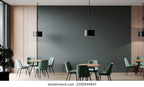 Dining room with green, wood colors. Restaurant or coffeehouse design interior. Large space cafe mockup for menu, template blank cover. Hotel or eatery area. Modern trend minimalist style.3d render - Powered by Shutterstock