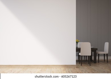 Dining Room Interior With A White Wall. There Is A Table And Chairs In The Corner. 3d Rendering. Mock Up