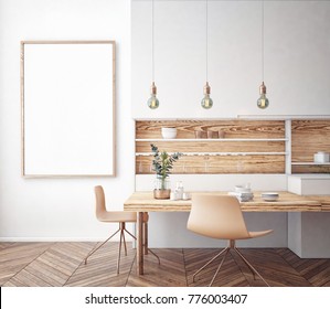 Dining room and kitchen interior wall mock up on white background, 3D rendering, 3D illustration