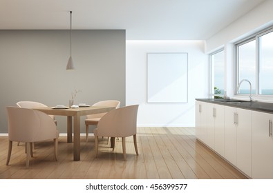 Dining Room And Kitchen In Luxury House With White Picture Frame- 3D Rendering