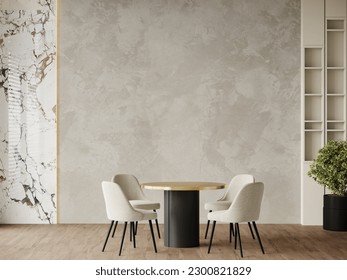 Dining room in light ivory colors. Beige and taupe with black details. Golden accent table. Minimalistic room with texture plaster microcement walls. Menu template or mockup invitation. 3d rendering  - Powered by Shutterstock