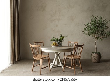 Dining Room Table. High Quality Illustration 3d Render. Mockup Empty Wall. Country Interior Design With Scandinavian Plants. 3D Illustration