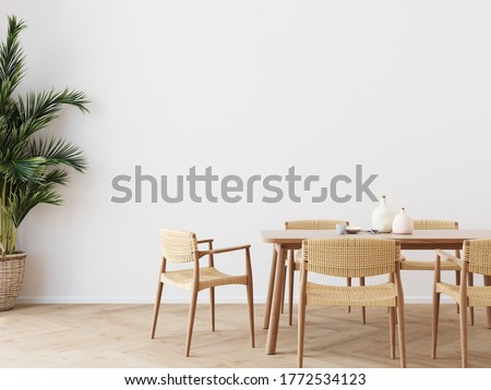 Dining room wall mock up with Areca palm,  dining set, wooden table on wooden floor. 3d illustration. Imagine de stoc © 