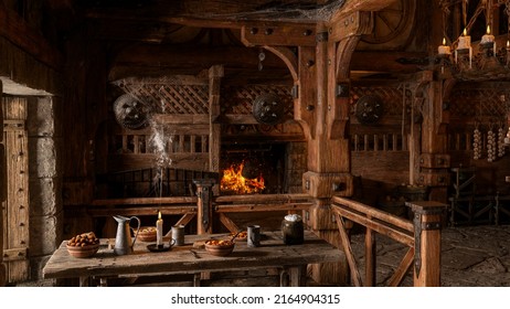 Dining Table By A Window In An Old Medieval Tavern With Fire Burning In The Background. 3D Illustration.