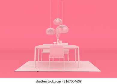 Dining Table And Chairs On Pink Background, Monochrome Style, 3D Rendering.