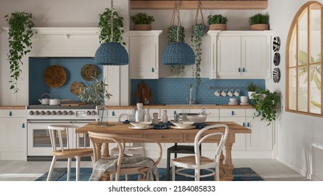 Dining Table And Kitchen In Wooden Scandinavian Boho Style. Table Setting In White And Blue Tones. Country Bohemian Interior Design, 3d Illustration