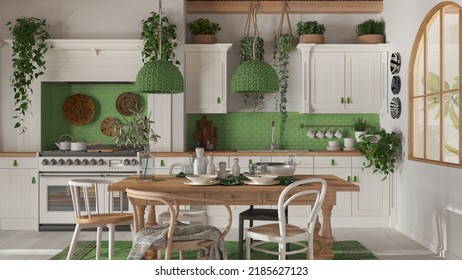 Dining Table And Kitchen In Wooden Scandinavian Boho Style. Table Setting In White And Green Tones. Country Bohemian Interior Design, 3d Illustration