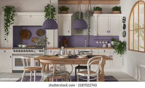 Dining Table And Kitchen In Wooden Scandinavian Boho Style. Table Setting In White And Purple Tones. Country Bohemian Interior Design, 3d Illustration