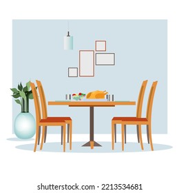 Dining Table Semi Flat Color  Element. Full Sized Object On White. Family Routine And Tradition. Served Family Meal Simple Cartoon Style Illustration For Web Graphic Design And Animation