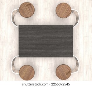 Dining table top view, four seats,wooden table,glossy finish,wood flooring,3d render