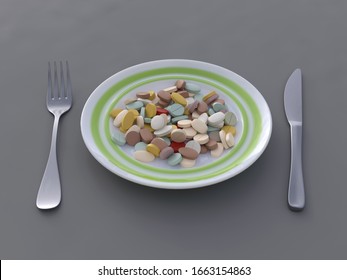 dinner plate with pills, 3d illustration