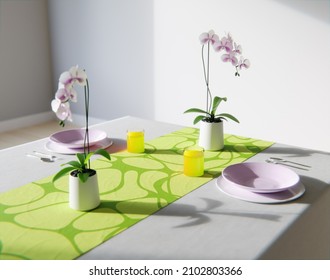 A Dinner Table With Green Napkin, Flowerpots, Juice Glasses, Plates And Utensils, Vibrant Color Scheme, 3D Render