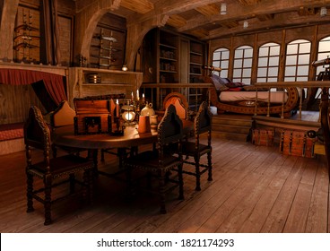 Dinner Table On The Pirate Cabin, 3d Illustration