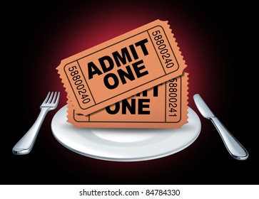 Dinner Theater Symbol Represented By Movie Tickets For An Entertainment Event Or Show On A White Plate With A Fork And Knife Representing A Night Out Of Eating And Enjoying Cinema.