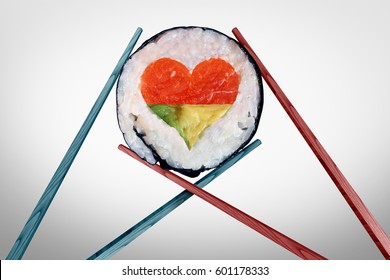 Dinner for two dining and romantic date concept as a couple of chopsticks holding a sushi piece with a love heart shape with 3D illustration elements. - Powered by Shutterstock