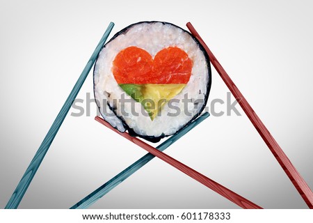 Dinner for two dining and romantic date concept as a couple of chopsticks holding a sushi piece with a love heart shape with 3D illustration elements.