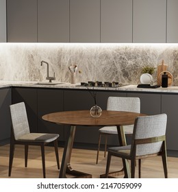 Dinning Area With Table In Kitchen Interior, 3d Rendering