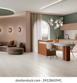 Dinning area with table in kitchen interior with marble on wall and floor. 3D Rendering