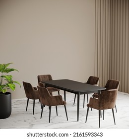 Dinning Room In Warm Tone - Brown, Beige, Milky, Ivory Colors. Black Rectangular Table And 6 Tan Chairs. White Marble Floor. Template Wall For Art Or Text. 3d Rendering