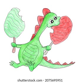 Dino baby and two big popsicle  Tiny dinosaur bites green   pink ice cream cotton candy  Little sweet tooth and yummy treat  Hand drawn watercolor illustration 